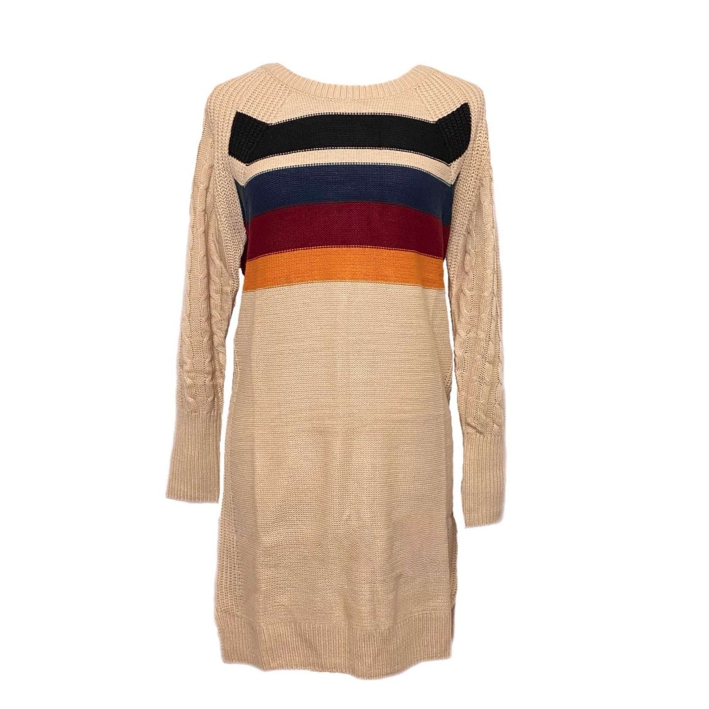 Lauren Sweater Dress - Beige w/Rainbow Stripe