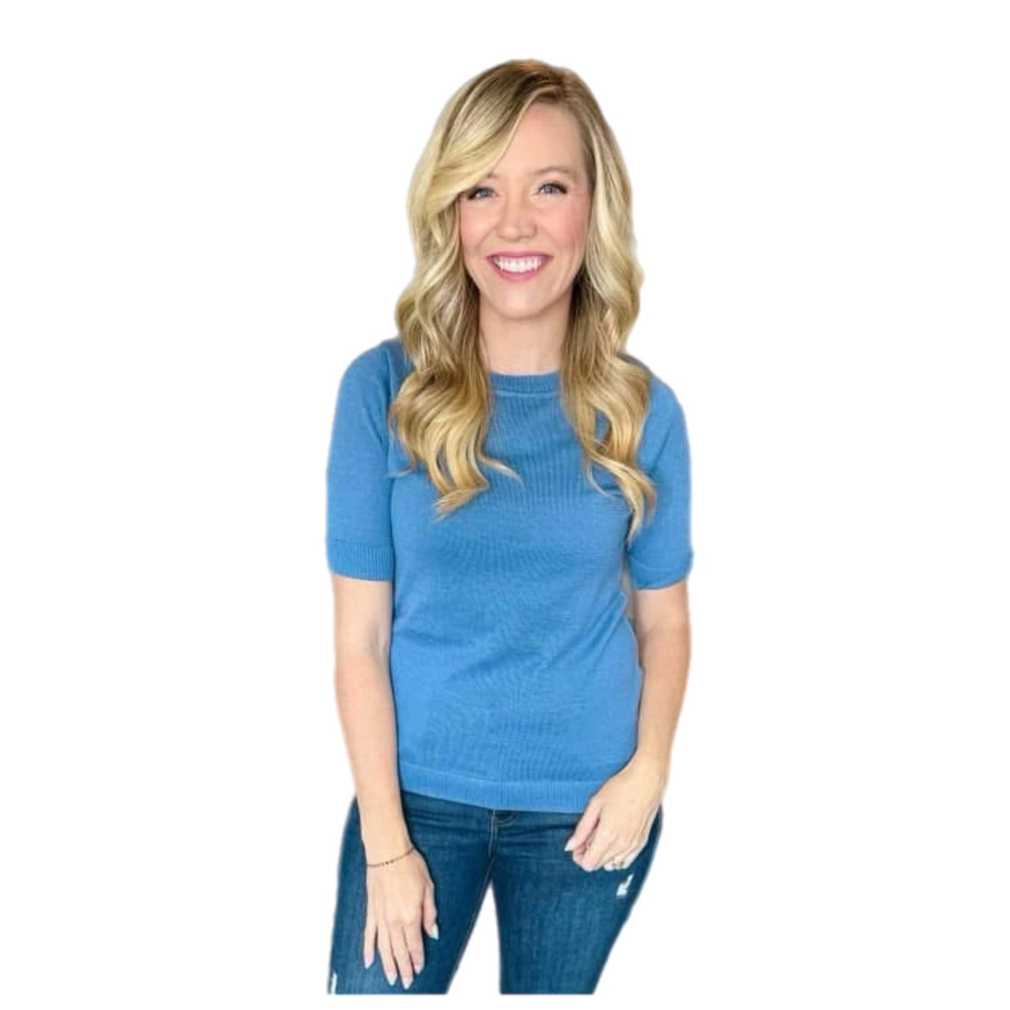 Jace Short Sleeve Sweater Top - Solid Blue