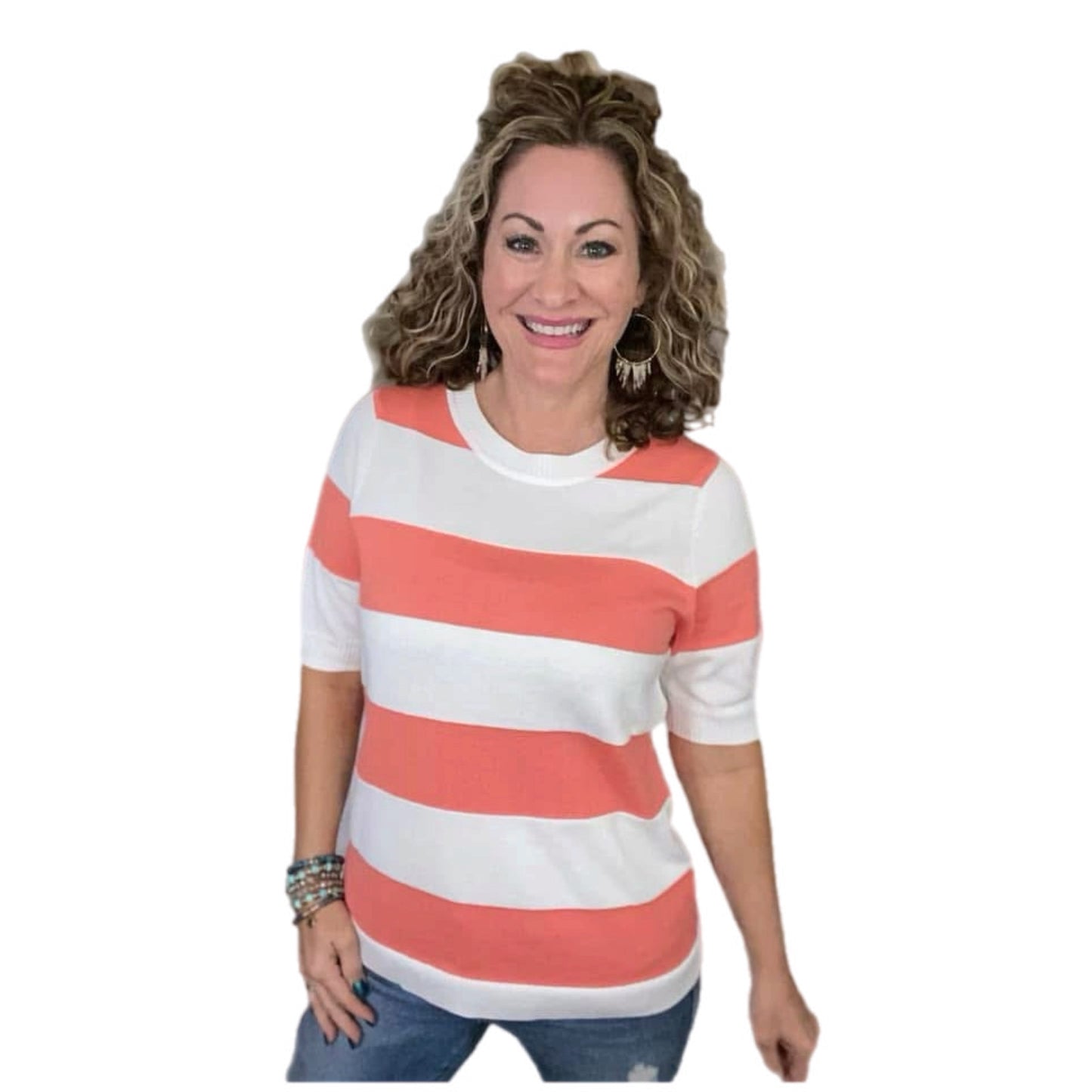Jacee Short Sleeve Sweater Top - Peach Stripe