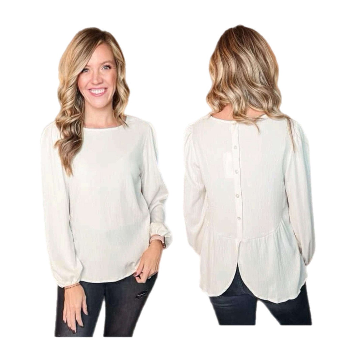 Vivian Button Back Long Sleeve Top - Solid Cream