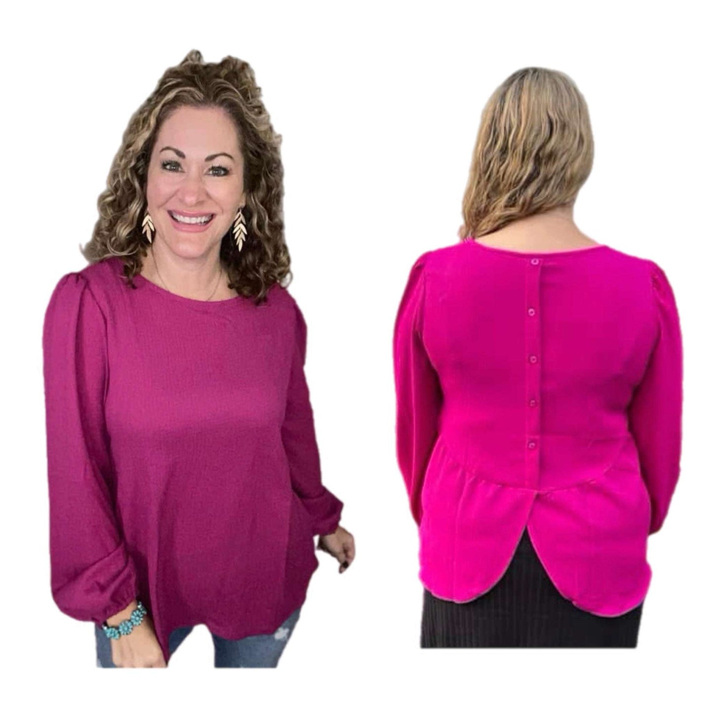 Vivian Button Back Long Sleeve Top - Solid Fuschia