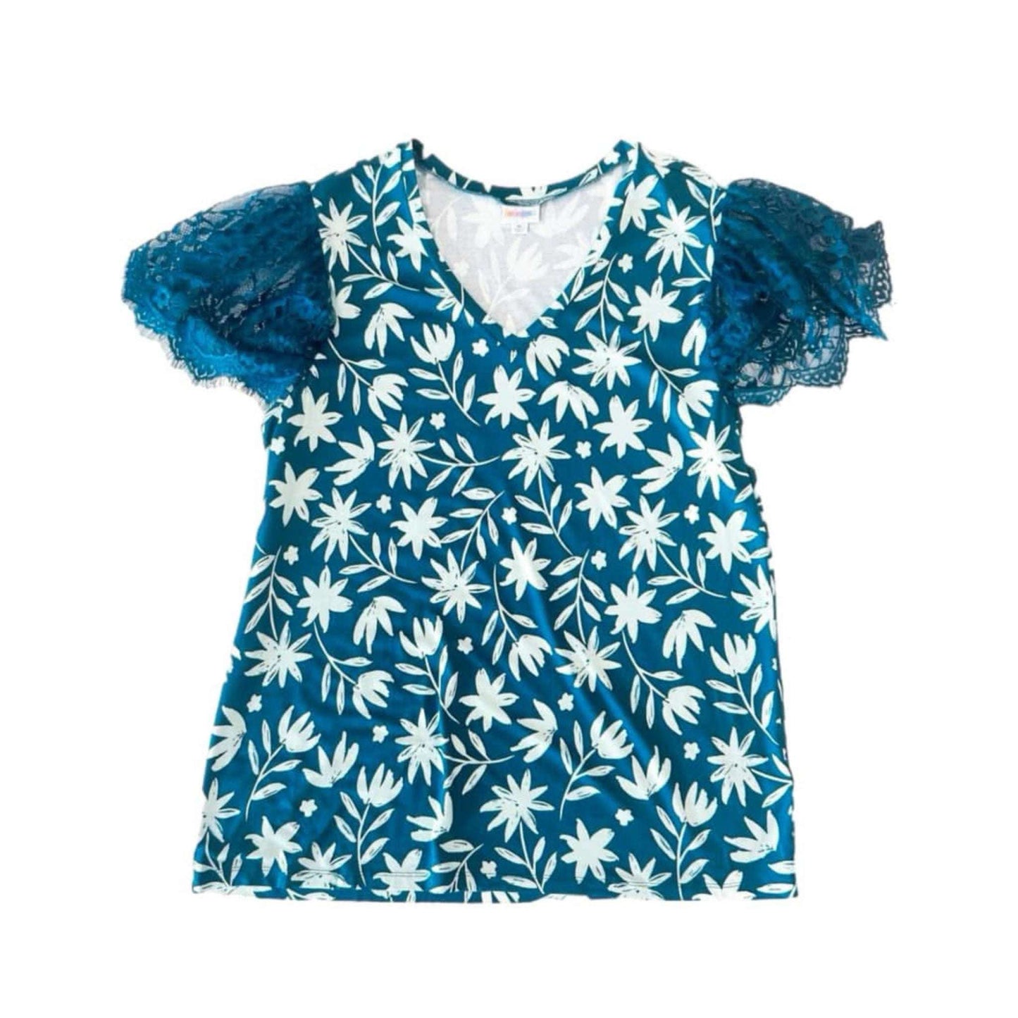 Destiny Lace Sleeve Top - Teal Floral