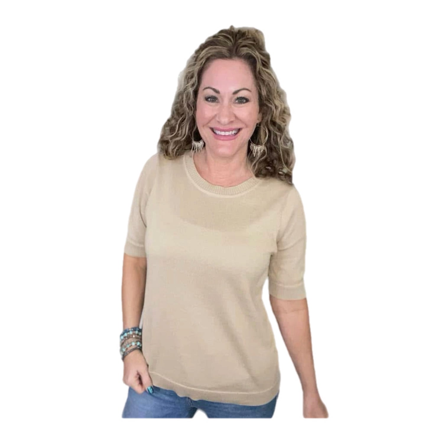 Jacee Short Sleeve Sweater Top - Solid Beige