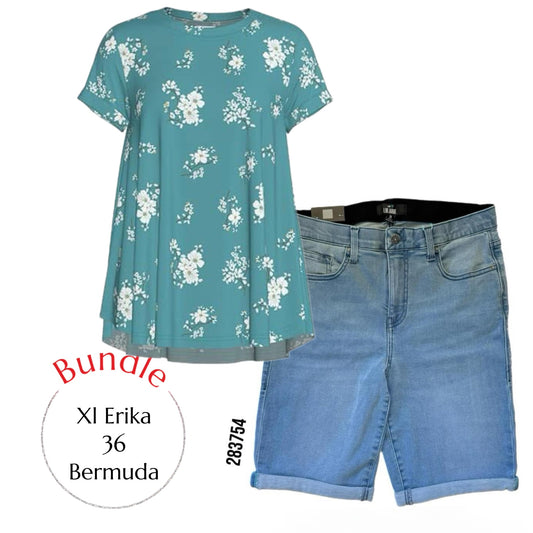 Teal Floral Erika Swing Top (XL) & Lotus Wash Bermuda Shorts (36) Bundle