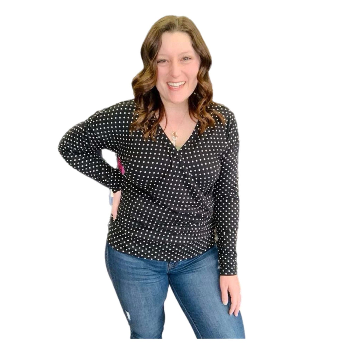 Rebecca Long Sleeve Cross Front Top - Dots