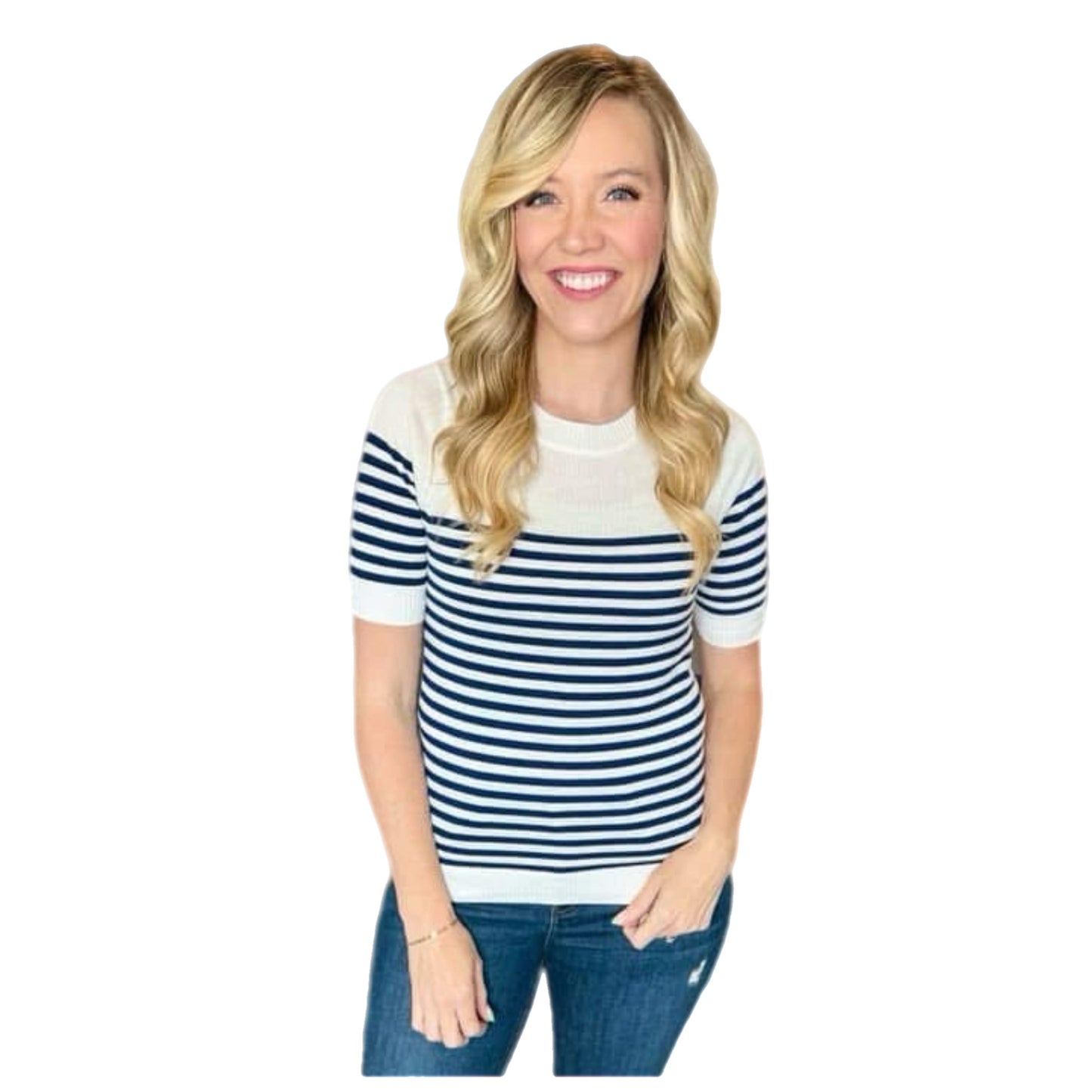 Jacee Short Sleeve Sweater Top - Navy Stripe
