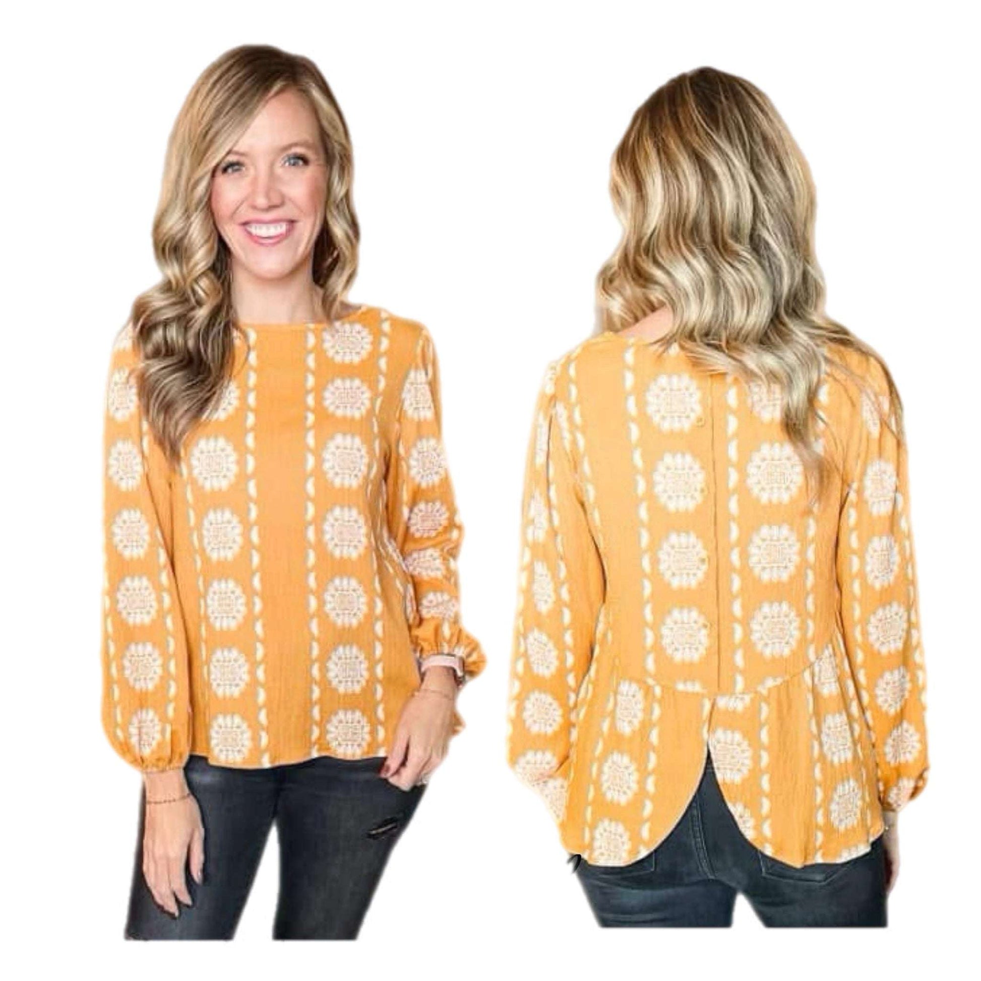 Vivian Button Back Long Sleeve Top - Yellow Boho Stripe