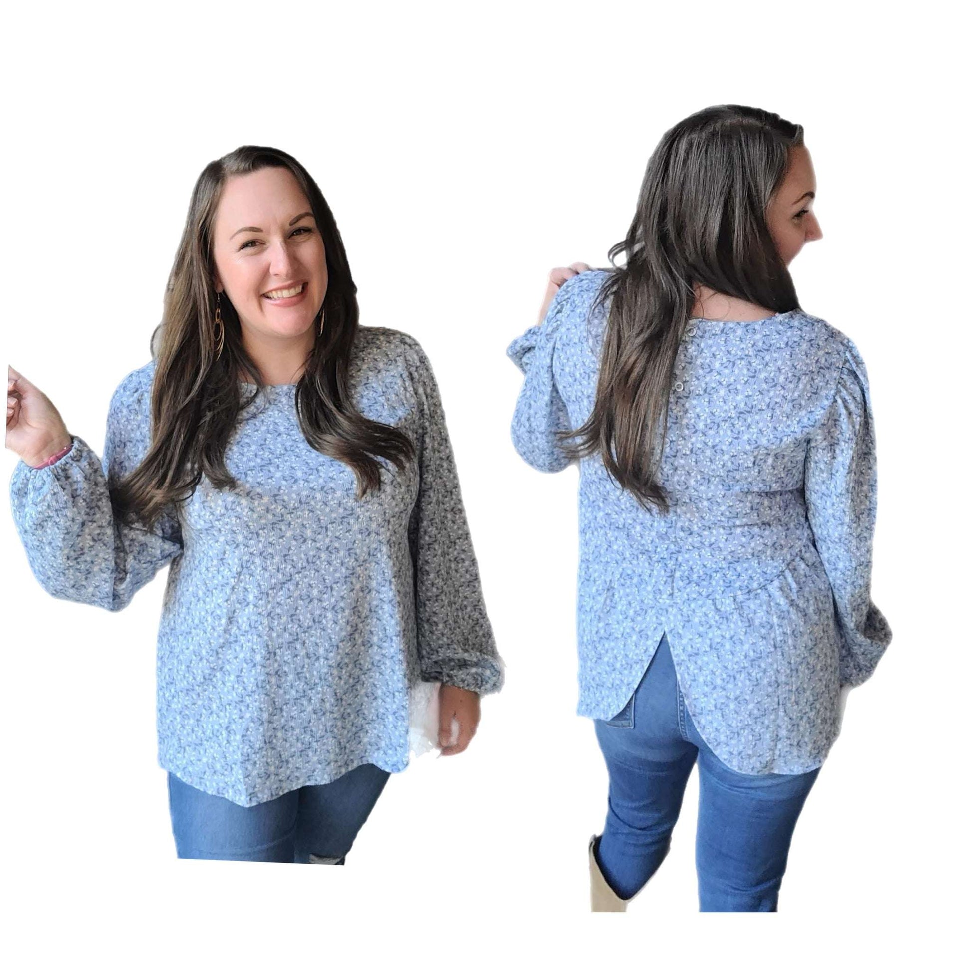 Vivian Button Back Long Sleeve Top - Blue Foral