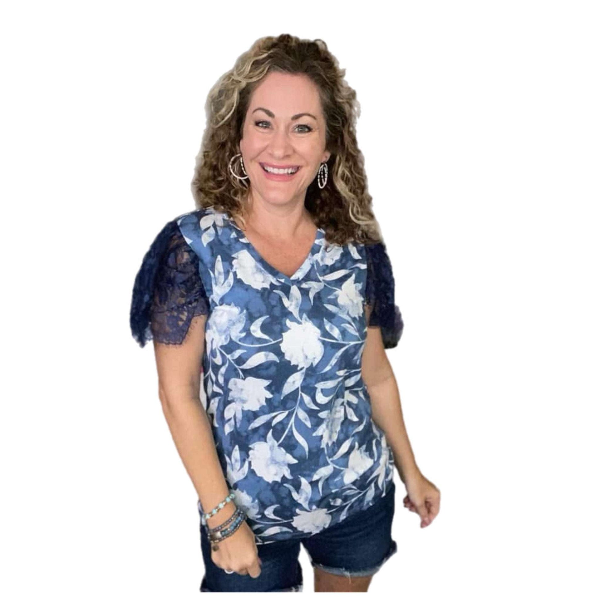 Destiny Lace Sleeve Top - Blue Floral